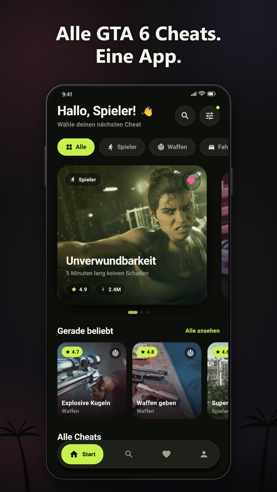 The app's home screen with categories and popular cheats